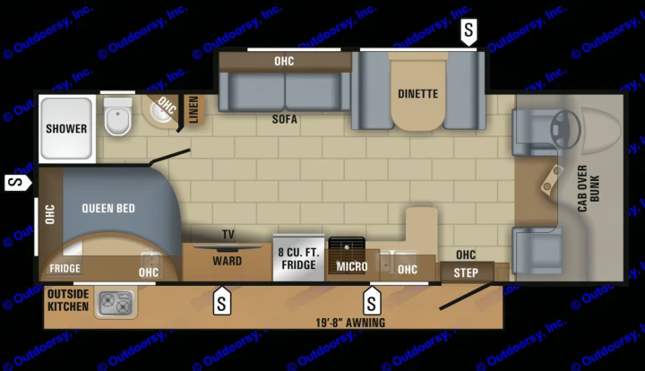 This RV rental floor plan shows a motorhome with a queen bed, kitchen, dinette, and bath.. Jayco Redhawk 2019
