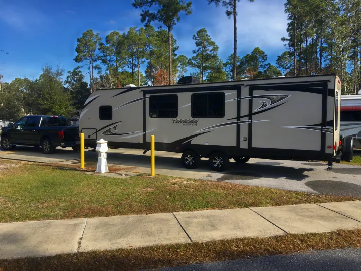 Outside view of Camper, ready to tow. Prime Time Tracer 2017