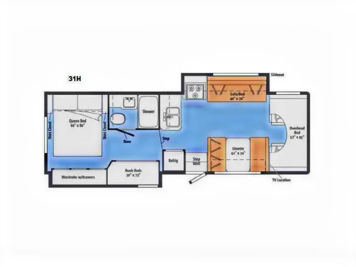 Bunk bed floor plan, master BR in the back, pull-out sofa and dinette convert into beds, bird's nest above driver's cab also a bed.  . Winnebago Minnie Winnie 2017