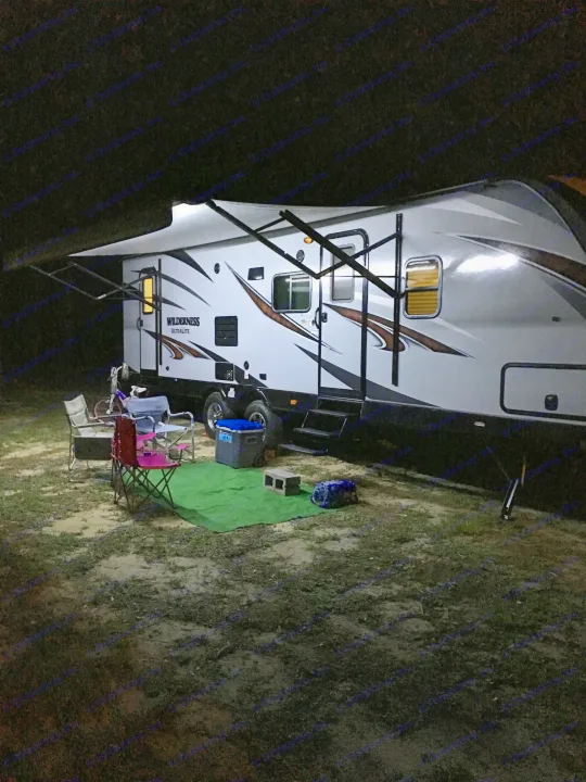 Awning has LED lights to give plenty of light at night.. Heartland Wilderness 2017