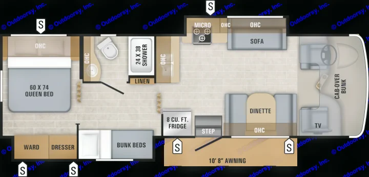 RV rental interior: Detailed floor plan showing a queen bed, bunk beds, kitchen, bathroom, and living areas.. Jayco Redhawk 31 XL 2019