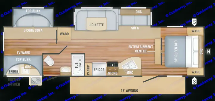 This RV rental floor plan details a large interior with queen bed, multiple bunks, U-dinette, full kitchen, and bath.. Jayco Flight 2018