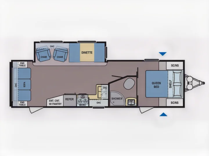An RV rental travel trailer floor plan, detailing living, kitchen, bedroom (queen bed), and bathroom areas.. Coleman Lantern 2018
