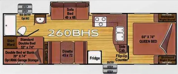 Detailed 260BHS RV rental floor plan showing queen bed, bunks, sofa, dinette, kitchen, and bathroom layout.. Timber Ridge 26 BHS 2010