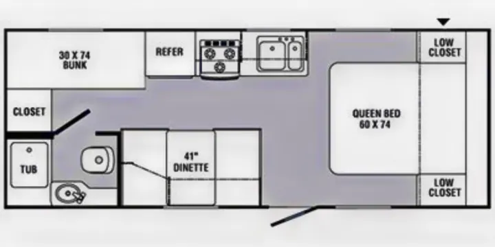 This RV rental floor plan highlights a queen bed, bunk, dinette, kitchen, and full bath, perfect for family adventures.. R-Vision TS 24BH 2011