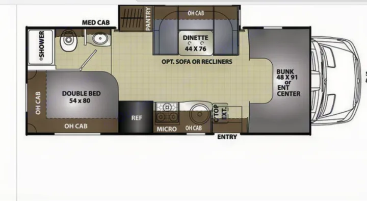 RV rental floor plan: A detailed interior layout showing double bed, dinette, kitchen, bathroom, and front bunk area.. Mercedes-Benz 313 Sprinter LWB Motorhome 2018