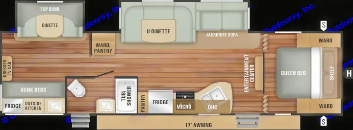 This RV rental floor plan shows a spacious interior layout with queen bed, bunks, kitchen, bath, and multiple dining/living areas.. Starcraft Autumn Ridge 2018