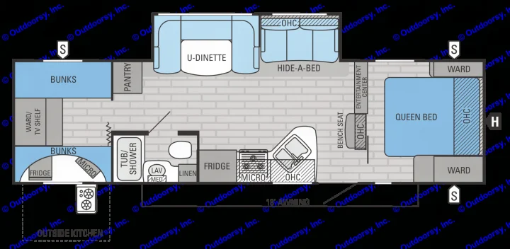 RV rental floor plan featuring bunks, queen bed, U-dinette, and kitchen. This spacious layout accommodates families.. Jayco White Hawk Ultra Lite 2015