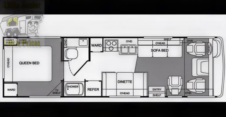 RV rental floor plan: A motorhome layout with queen bed, kitchen, bath, dinette, and sofa bed for your next adventure.. Fleetwood Flair 2000