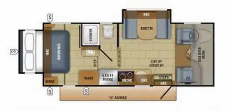 RV rental floor plan shows queen bed, kitchen, bath, dinette, and cab-over area for comfortable travel.. Jayco Melbourne 2017