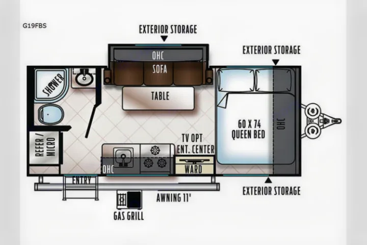 Detailed RV rental floor plan: queen bed, kitchen, bath, sofa, and outdoor awning/grill for camping.. Forest River Rockwood Geo Pro 2018