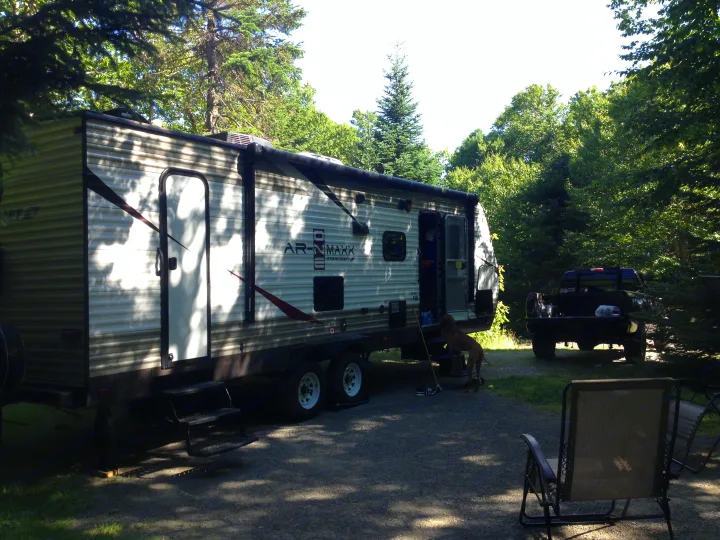 A travel trailer RV rental at a sunny, wooded campsite with a truck and dog nearby.. Starcraft Ar-One MAXX 2016