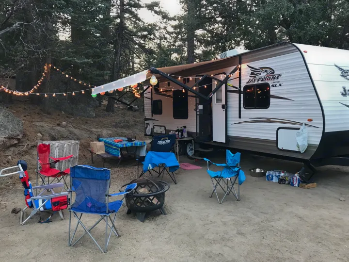 Idyllwild Campground in California with lots of friends and fun weekend! Hiked and had 3 dogs with us! . Jayco Jay Flight 2017