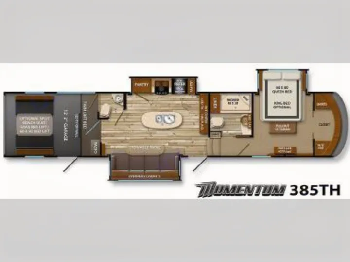 Momentum 385TH toy hauler RV rental floor plan. Spacious layout with garage, full kitchen, bath, & bedroom for travel.. Grand Design Momentum 385 TH 2015