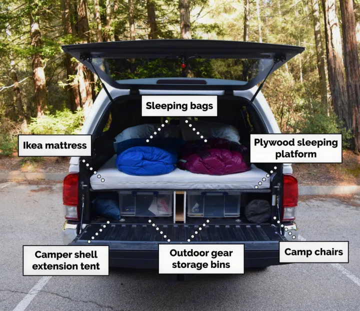 Here is the interior of our camper. Please note that the bed is 5'6" long, so we supply a vestibule tent that goes over the back of the camper to extend the bed length. . Toyota Tacoma 2017