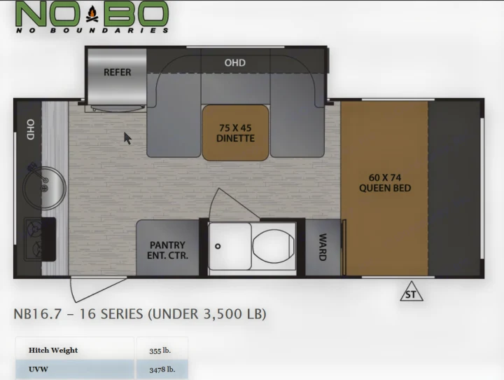 This RV floor plan (NB16.7) details a layout with a queen bed, dinette, kitchen, and weights (3478 lb UVW). Ideal for rv rental planning.. Forest River Other 2019