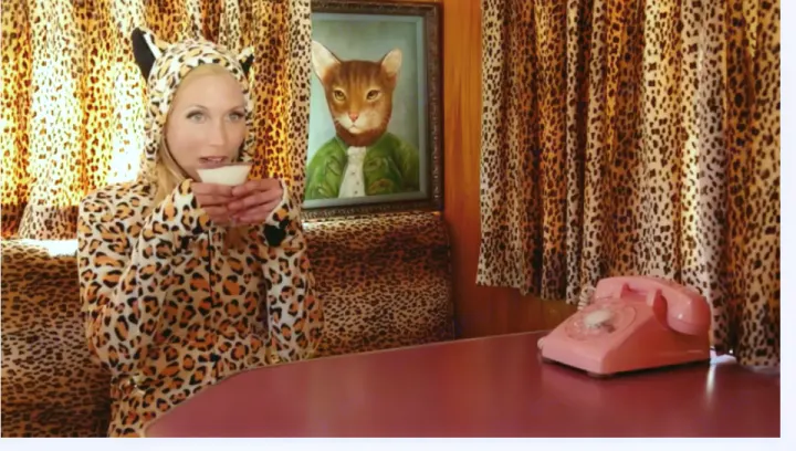 Leopard-themed rv rental fun: woman in cat onesie, vintage decor, cat painting, and pink phone.. Pleasurecraft Canned Ham 1956