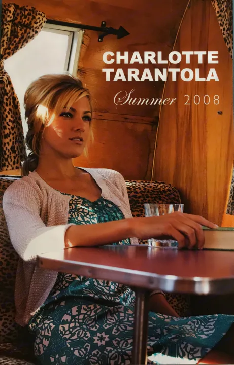 Charlotte Tarantola's Summer 2008 collection showcased in an inviting RV rental, featuring a woman relaxing inside.. Pleasurecraft Canned Ham 1956