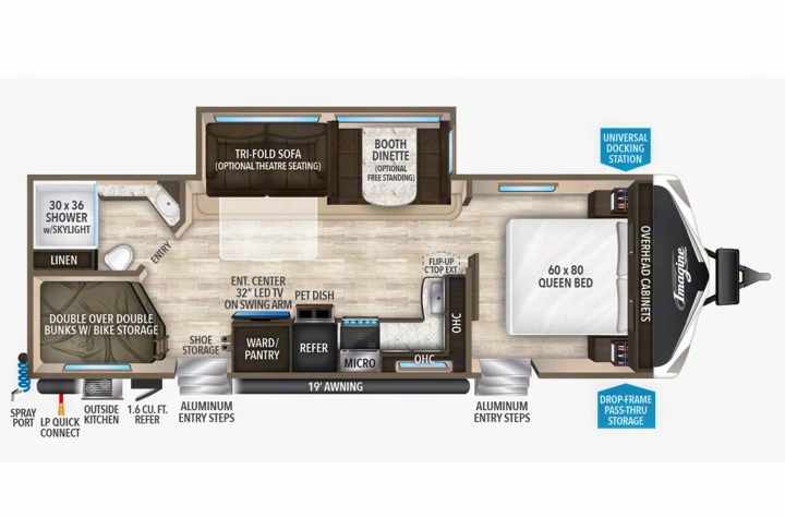 RV rental floor plan: See detailed layout of a spacious travel trailer with queen bed, bunks, kitchen, and living area.. Grand Design Imagine 2019