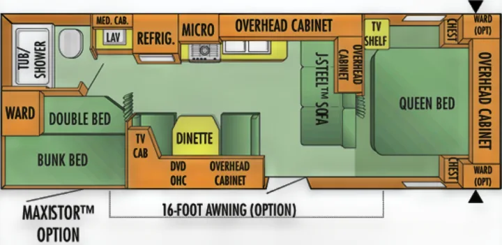 Detailed RV rental floor plan featuring queen/double beds, bunk, full bath, kitchen, dinette, and sofa.. Jayco Jay Flight 2007
