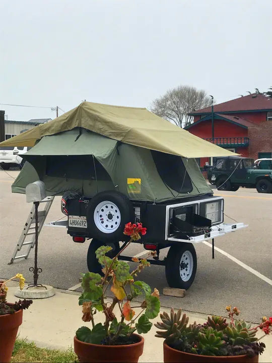 It takes about one minute to erect this tent. I will demonstrate before you go. It takes about three minutes to put it away. Also you can lock up the trailer and leave to go on an adventure. Driver’s side features storage compartments for camp chairs, fishing poles etc. I will provide what you want for your trip. Passenger side storage includes a kitchen set up with a stove. Utensils, plates included.. Other Other 2020