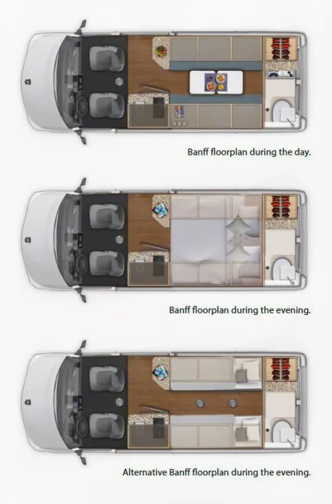 This RV rental showcases Banff's versatile floorplans: from daytime lounge to evening double bed or twin sleeping arrangements.. Hymer Carado Banff 2018