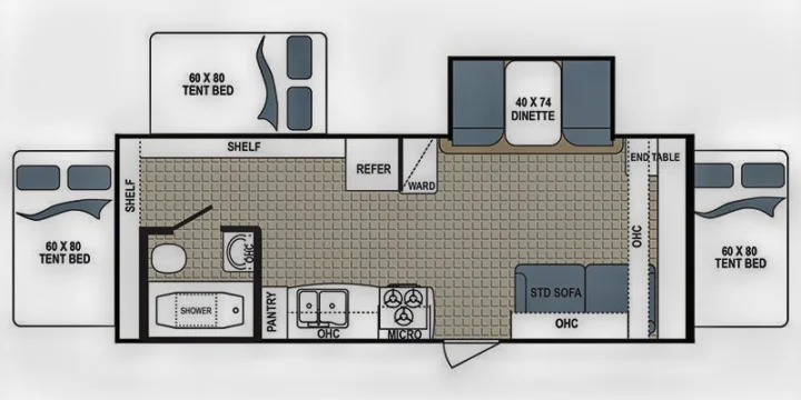 RV rental floor plan: Spacious camper interior with three tent beds, dinette, kitchen, and full bath layout.. Dutchmen Kodiak 2016