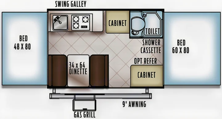RV rental pop-up camper floor plan: two beds, dinette, galley kitchen, bath, and exterior gas grill & 9' awning.. Forest River Rockwood 2017