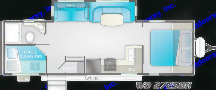 This RV rental floor plan (WD 2725SBH) shows a master bed, double queen bunks, kitchen, bath, and living area layout.. Heartland Wilderness 2020