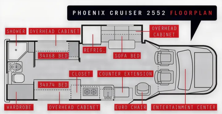 Phoenix Cruiser 2552 RV floorplan for rv rental, detailing its interior layout with sleeping, kitchen, and bath areas.. Phoenix USA Cruiser 2552 2011