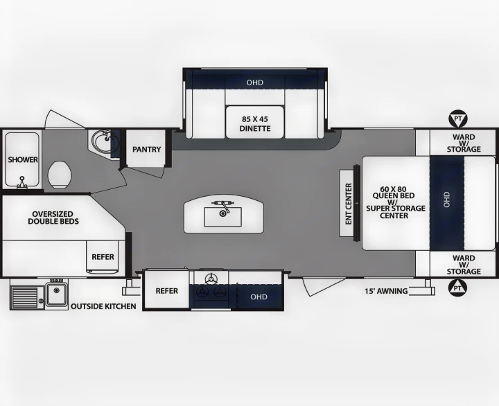 RV rental floor plan. Spacious travel trailer layout with queen bed, double beds, dinette, kitchen, and bath.. Forest River Surveyor 2019