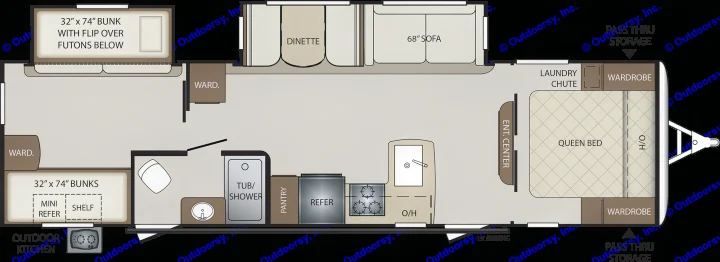 This RV rental floor plan details a queen bed, bunks, kitchen, bathroom, dinette, and sofa for comfortable travel.. Keystone Bullet 2019