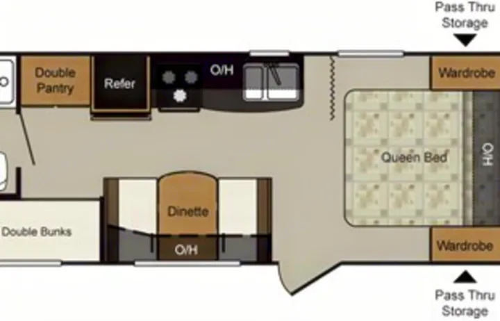 This RV rental floor plan reveals a spacious layout with a queen bed, double bunks, dinette, and full kitchen.. Keystone Passport 2014