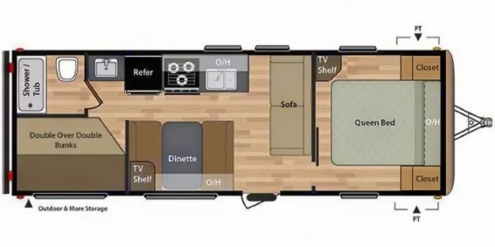 This RV rental floor plan displays a spacious interior with queen bed, bunk beds, full kitchen, and bath, perfect for travel.. Keystone RV Springdale 2018