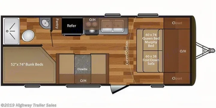 RV rental floor plan: Travel trailer interior showing bunk beds, dinette, kitchen, bath, and a Queen Murphy bed.. Keystone Hideout 2017