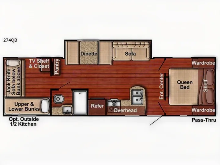 Detailed RV rental floor plan: kitchen, bathroom, queen bed, bunks, and sofa for sleeping, plus dining and storage.. Gulf Stream Kingsport 2019