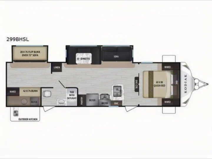 Spacious floor plan, with room for 8 to sleep comfortably!. Kodiak Ultra-lite 2019