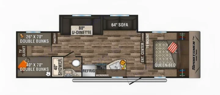 RV rental floor plan detailing a travel trailer layout with queen bed, double bunks, U-dinette, kitchen & bathroom.. K-Z Manufacturing sportsmen 301bhse 2020