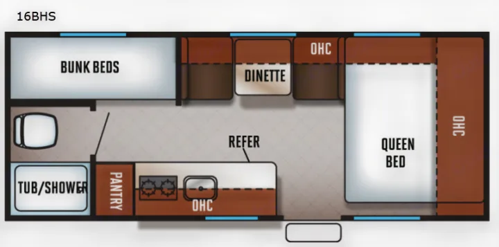 RV rental 16BHS floor plan: A top-down view of a travel trailer layout with bunk beds, queen bed, kitchen, and bathroom.. Forest River Cherokee Wolf Pup 2019