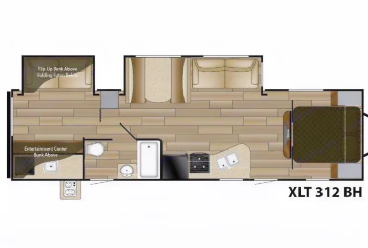RV rental floor plan: XLT 312 BH model with master bedroom, bunkhouse, living area, kitchen, and bathroom.. Heartland Sundance 2019