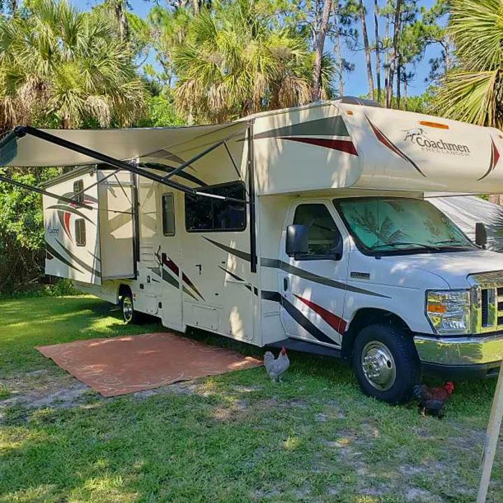 Relaxing RV rental setup: a Class C motorhome with extended awning & slide-out, parked on grass with chickens.. Coachmen Freelander BH31 2019