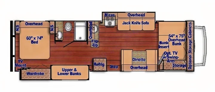 RV rental interior layout: floor plan shows master bed, bunks, bath, kitchen, dinette, and sofa for family travel.. Gulf Stream conquest 2020