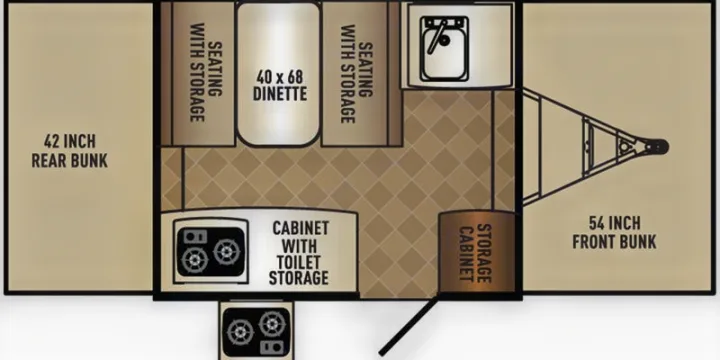RV rental floor plan diagram: Features 42" & 54" bunks, a dinette, kitchen area, & multiple storage cabinets.. Palomino Other 2017