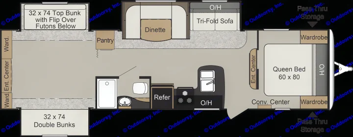 This RV rental floor plan shows the interior layout with a queen bed, bunks, kitchen, bath, dinette, and sofa.. Keystone Passport 2019