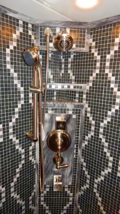 Stylish RV rental shower: mosaic tiles, dual showerheads, sleek bronze fixtures & controls. Enjoy comfort on the road.. Newmar Essex 2018