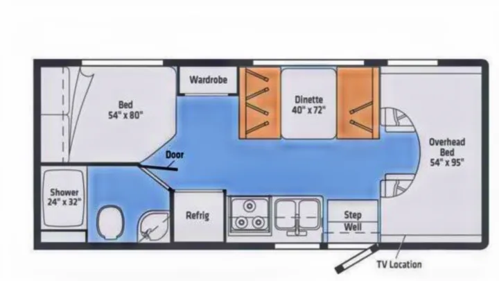 RV rental floor plan: Detailed layout showing main bed, overhead bed, dinette, kitchen, and bathroom amenities.. Winnebago Outlook 2019