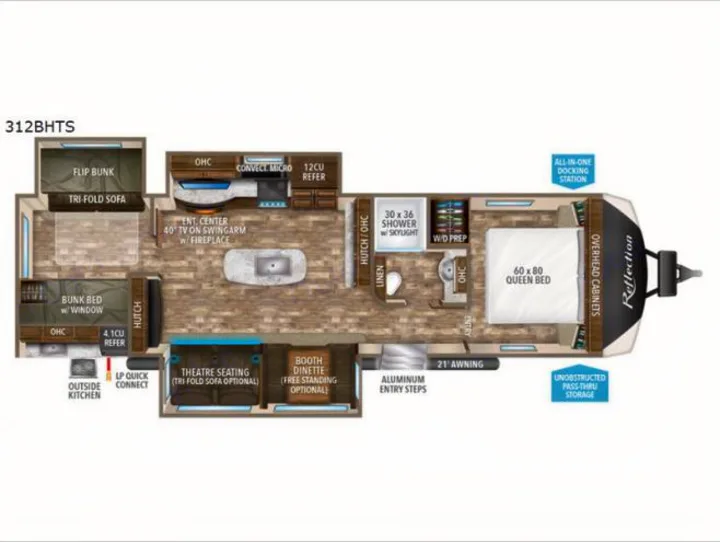 Floor plan of a spacious Reflection 312BHTS RV, featuring queen and bunk beds, full kitchen, and living space. Great for rv rental.. Grand Design Reflection 2019