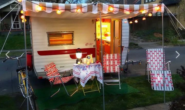 Be the cutest trailer in the park.  Chairs, table, awning, and turf included.  (Sorry Bik is extra.). Cardinal Model 13 1971
