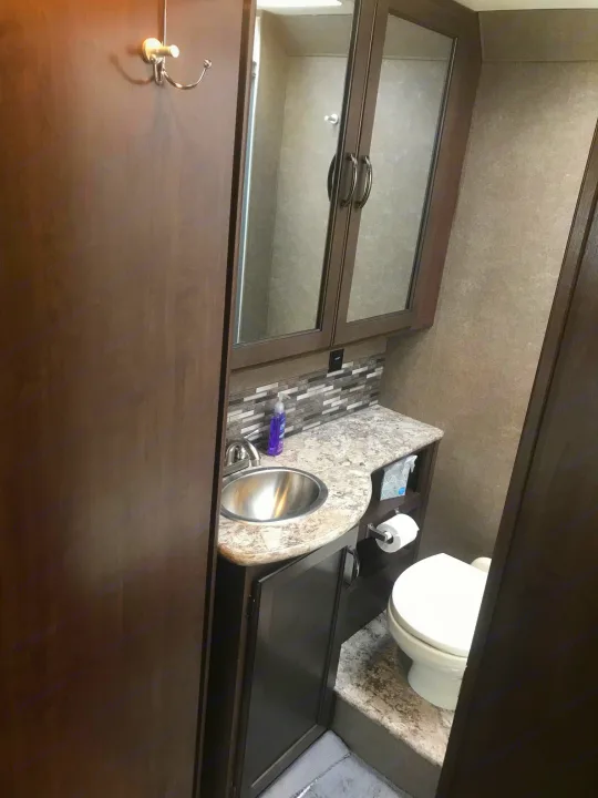 Well-equipped rv rental bathroom with a vanity, sink, toilet on a raised platform, and mirrored medicine cabinet.. Thor Freedom Elite 2020