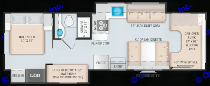 RV rental floor plan: detailed layout with queen bed, bunk beds, dinette, kitchen, bath, sofa, and a cab-over bunk.. Thor Freedom Elite 2020
